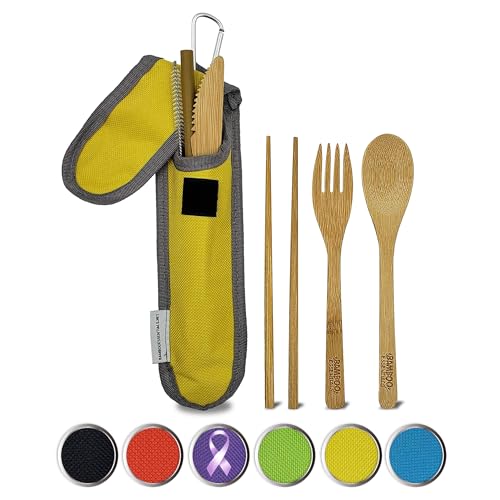 Travel Utensils with Case Set Fork, Knife, Spoon, Chopsticks, Straw, Straw-cleaning brush, Travel Pouch and Carabiner, Excellent For Everyday Use! ((1Set) Sunrise Yellow) - color: Sunrise Yellow, size: 1 Set