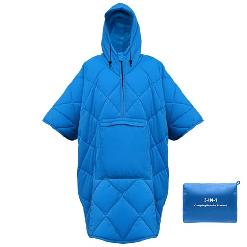 Camping Outdoor Blanket, Ultralight Down Alternative Printed Travel Camp Blankets for Sleeping Packable Waterproof Puffy Quilt for Hammock Picnic Stadium Beach Cold Weather (Blue Blanket Poncho) - color: Blue Blanket Poncho