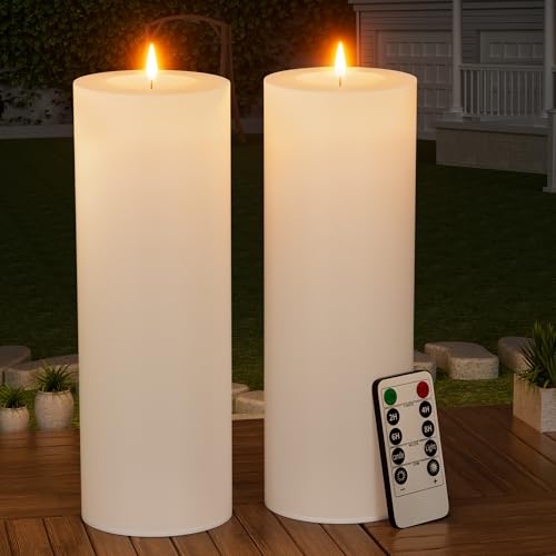 BUTHY 12" x 4" Large Outdoor Candles with Timer Waterproof Flickering LED Flameless Candles Battery Operated with Remote Fake Pillar Candles Realistic for Patio Porch Lanterns, White 2 Pack - color: White, size: 12in-2Pack