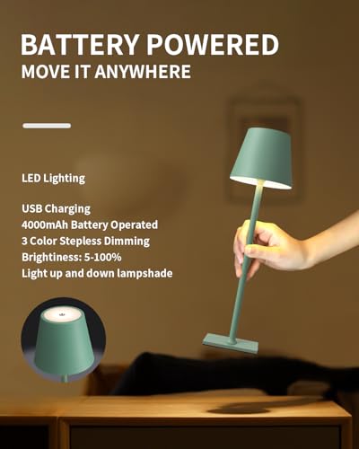 KDG 2 Pack Cordless Table Lamp,Portable LED Desk Lamp, 4000mAh Battery Operated, 3 Color Stepless Dimming Up, for Restaurant/Bedroom/Bars/Outdoor Party/Camping/Coffee Shop Night Light(Green) - color: Green-2