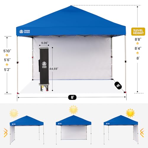 CROWN SHADES 8x8 Pop Up Canopy with 1 Side Wall - Beach Tent with One Push Setup - Outdoor Sun Shade for Events, Parties, Camping - Gazebo with STO-N-Go Cover Bag (Blue) - color: Blue, size: 8x8FT