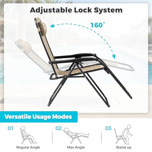 Homall Zero Gravity Chair Patio Folding Lawn Outdoor Lounge Gravity Camp Reclining Lounge Chair with Cup Holder Pillows for Poolside Backyard and Beach Set of 4 (Beige) - color: Beige, size: 4 PCS
