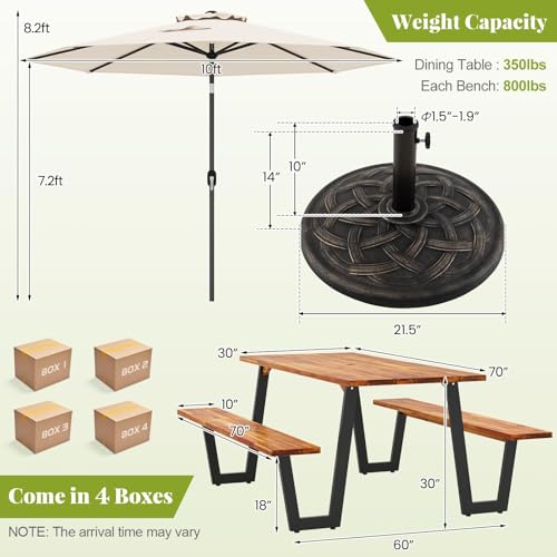 S AFSTAR 70" Acacia Wood Outdoor Picnic Table Set with 10Ft Umbrella & Base, Heavy Duty Wooden Outside Dining Table Set with Bench, All-Weather Patio Dining Set for 6, Garden, Backyard - size: Large