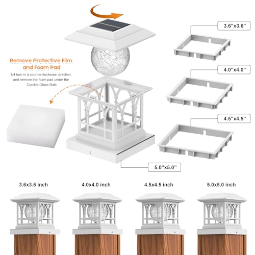 Fence Post Solar Lights, Crackle Glass Solar Post Cap Lights, 20 Lumens, Warm White & RGB Automatic Cycling 2 Modes for 3.6x3.6 4x4 4.5x4.5 5x5 Vinyl Wooden Posts Decoration, White (2 Pack) - color: White, size: 2 Pack