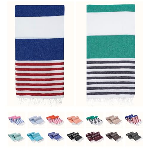 2 Pack The Turkish Beach Towel 40x72 Inches, Oversized 100% Cotton Sand Free Lightweight Absorbent Quick-Dry Beach Blanket, Extra Large Turkish Bath Towels for Travel and Pool, Yoga (American/Green) - color: The American/the Green
