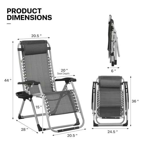 MoNiBloom Beach Chaise Lounge Chair, Patio Folding Recliner with Removable Cushion, Headrest & Tray, Portable Tanning Sunbathing Chair for Poolside Beach Porch Yard, Reinforced Bar, 330lbs Grey - color: Grey, size: Standard 1-Pack