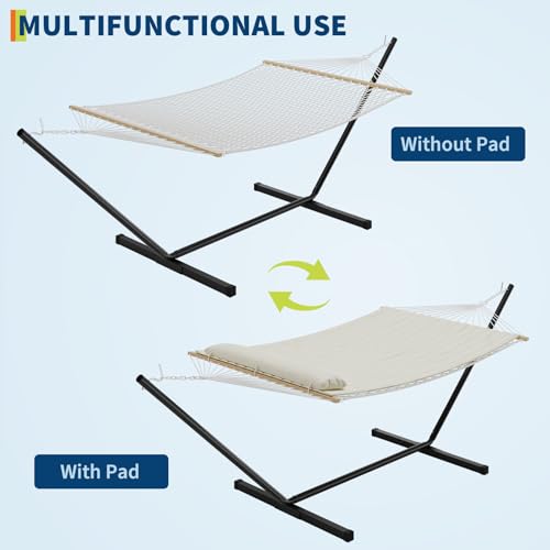 2 Person Double Hammock with Iron Frame Stand,475Lb Capacity,Portable Rope Hammock for Garden, Camping, and Relaxation, Beige - color: Beige