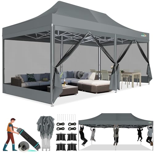 COBIZI 10x20 Canopy Tent, Heavy Duty Pop up Canopy with Sidewalls, Waterproof Easy Setup Canopy with Mosquito Netting, Outdoor Instant Screen Tents for Parties, Wedding with Roller Bag, Gray - color: Gray, size: 10x20ft