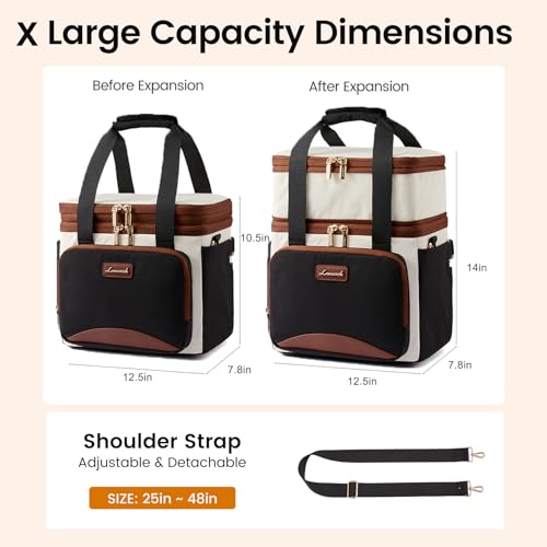 LOVEVOOK Insulated Lunch Bag For Women Men,Expandable Double Deck Lunch Box With Large Cup Holder,Leakproof Cooler Bag For Adult Lunch Tote Bag Work Picnic Beach with Adjustable Shoulder Strap Gift - color: Black with Leather, size: X Large —22l