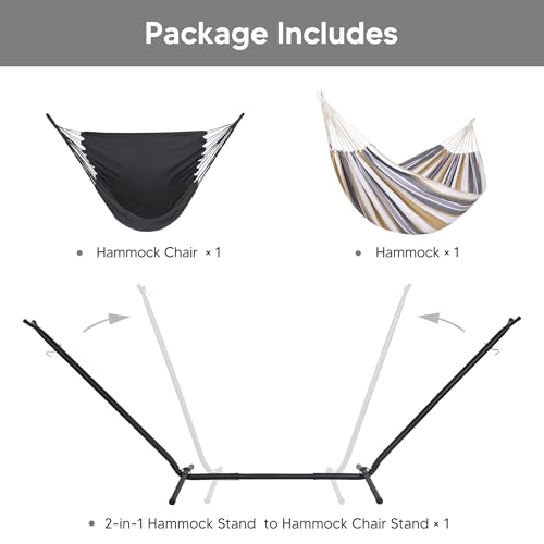 SUNCREAT 2-in-1 Convertible Double Hammocks 2 Person Heavy Duty, Large Patio Hammock with Space Saving Stand, Patented, Coffee Stripe - color: A-coffee Stripe