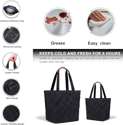 Insulated Cooler Bag Reusable Grocery Tote Bags Transport Large Lunch Box for Women - color: Satin Black