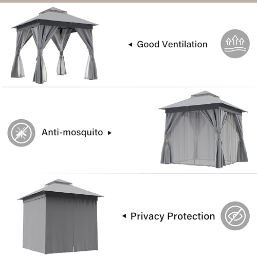 LAUSAINT HOME 8'x8' Outdoor Gazebo, Metal Frame Heavy Duty Patio Canopy Tent Shelter with Double Roofs, Mosquito Nettings and Privacy Screens for Backyard, Garden, Lawn, Gray - color: Gray, size: 8'x8'