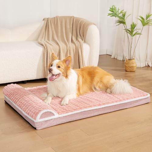 Orthopedic Dog Bed Medium Size Dog with Pillow 30''X20'', Waterproof Soft Comfortable Egg Crate Foam Pet Crate Beds Mat with Removable Washable Cover and Non-Slip Bottom, Pink - color: Pink, size: 30"l X 20"w X 3.5"th