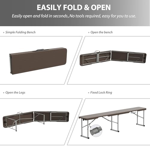 6ft Plastic Folding Bench with Carrying Handle & Lock, Portable Outdoor Bench in Garden Picnic Camping Dining Party Seat, Waterproof Bench for Soccer Activities, Ratten Patterned(2 Pack) - size: 2Pack Ratten