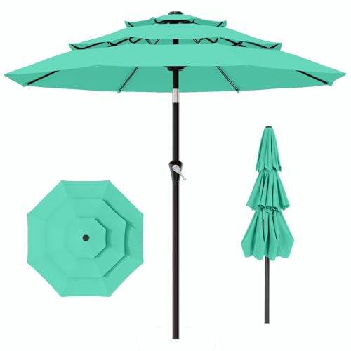 AreShark 9ft 3-Tier Patio Umbrellas, Outdoor Umbrella with 8 Sturdy Ribs UV Protection Windproof, Market Table Umbrella w/Push Button Tilt & Crank for Pool, Porch, Deck, Garden(Turquoise) - color: Turquoise