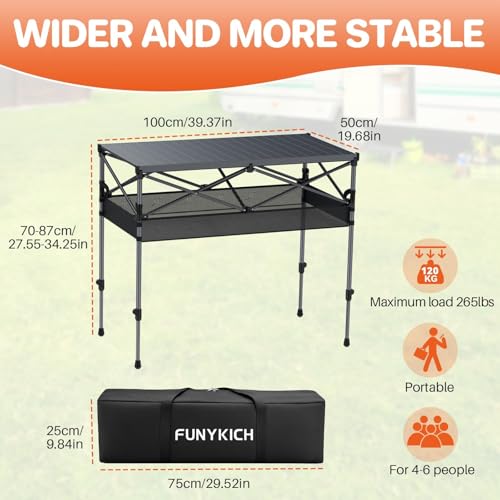 FUNYKICH Folding Camping Table(L39.4''xW19.7''), Aluminum Roll-up Portable Picnic Table with 2 Adjustable Height, Large Storage and Carrying Bag for Picnic, Camping, BBQ, Party, Backyard, Beach - size: Aluminium tabletop-39.4''x19.7''x (27.6''/34.3'')