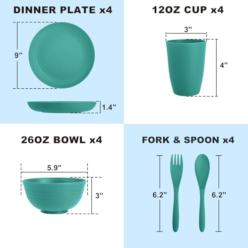 Wheat Straw Dinnerware Sets for 4, 20 PCS Unbreakable Lightweight Kids Plates and Bowls Sets, Dishwasher Microwave Safe Dinnerware Set, Perfect for Kitchen Dorm Camping Outdoor - Green - color: Green, size: 20 PCS