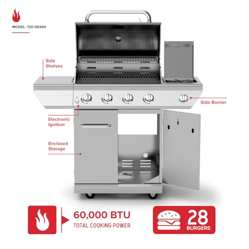 Nexgrill 4-Burner Propane Gas Grill in Stainless Steel with Side Burner, 60000BTUs, 626 sq. in. Cooking Space, Perfect for Outdoor Cooking & Grilling, Patios, BBQ, Backyards, Silver, 720-0830H - style: 4-Burner + Side Burner