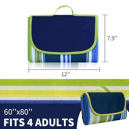 Hi Space Picnic Outdoor Blankets Waterproof Foldable Picnic Mat Sandproof Extra Large Beach Blankets for Grass Lawn Park Camping Family Concert, Dark Blue Striped, 80"x60" - color: Dark Blue-striped