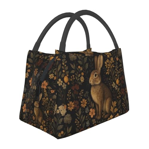 Vintage Bunny Flower Reusable Lunch Box,Retro Rabbit and Floral Lunchbox for Women Nature Lovers,Insulated Lunchbag,11in*6.3in*6.7in,Gifts Makeup Bag,Portable Handbag for Picnic Work Travel - color: Bunny