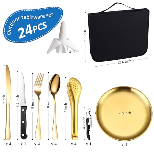 Camping Silverware Kit Cutlery Organizer Utensil Picnic Set Stainless Steel Plate Spoon Clip and Serrated Knife Wine Opener Fork Napkin Hiking - Camp Kitchen BBQ’s - color: Camping Silverware Set-24set-Gold