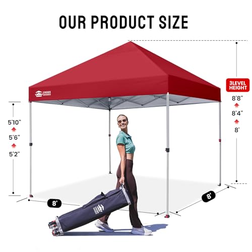 CROWN SHADES 8x8 Pop Up Canopy - Beach Tent with One Push Setup - Easy Outdoor Sun Shade for Events, Parties, Camping - Gazebo with STO-N-Go Cover Bag, Silver Coated Top, Red - color: Red, size: 8x8