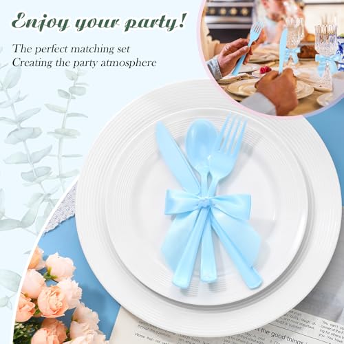 Minatee 25 Sets Light Blue Plastic Cutlery Set with Twist Tie Bows, Heavy Duty Tableware Disposable Forks Knives Spoons Silverware Utensils Set for Coquette Birthday Bow Party Table Setting Picnics - color: Light Blue