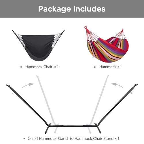 SUNCREAT 2-in-1 Convertible Backyard Fabric Hammock with Stand, Large Hammocks for Outside, Red Stripes - color: A-red Stripes