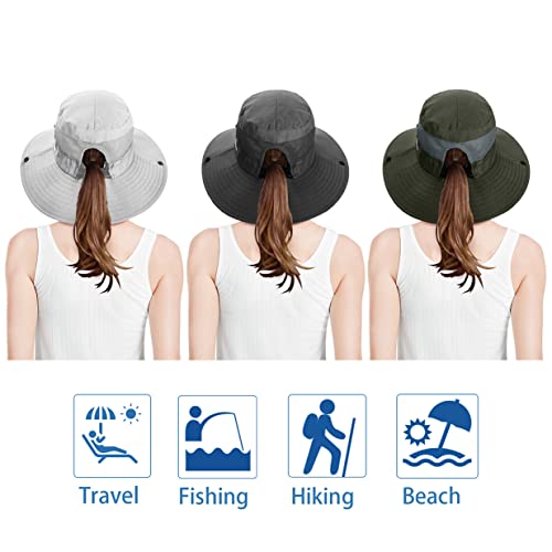 3 Pieces Womens Ponytail Wide Brim Sun Hat Packable UV Protection Beach Cap for Fishing & Hiking - color: Gray＆army Green＆beige