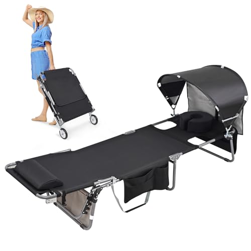 Wheel-To-Go Tanning Chair with Wheels & Sun Canopy Umbrella & Face Hole | Portable Heavy Duty Folding Lounge Chair | Outside Sunbathing Reading Beach Poolside Lawn | Lay Flat | 300 LBS (Patent Design) - color: Black, style: Standard Size + Sun Canopy Styl