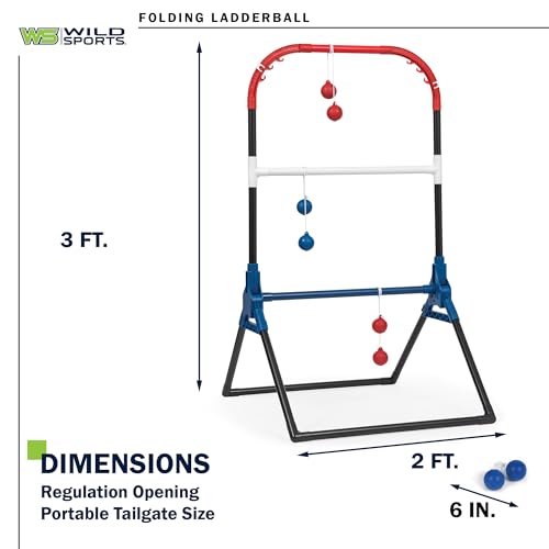 Wild Sports Folding Ladderball Set - Black/Red/Blue, 22" W x 40" H - Foldable Design for Outdoor Sports - Weather-Resistant Build for Beach Games - Wide Base & Metal Anchors for Lawn Games - color: Black/Red/Blue