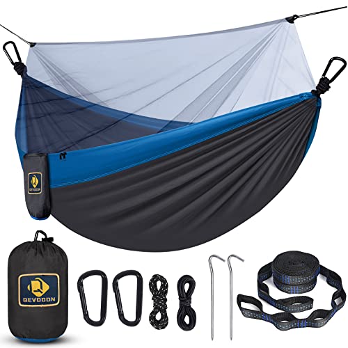 Camping Hammock with Net,Travel Portable Lightweight Hammocks with Tree Straps and Solid D-Shape Carabiners,Parachute Nylon Hammock for Outsides Backpacking Beach Backyard Patio Hiking - color: Dark Grey & Blue, size: Large