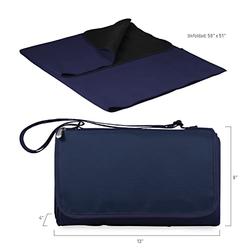 PICNIC TIME Outdoor Picnic Blanket Tote, 59"x51" Foldable Beach & Camping Blanket with Soft Fleece, Water-Resistant Bottom, Adjustable Strap & Zippered Pocket (Navy Blue with Blue Flap) - color: Navy