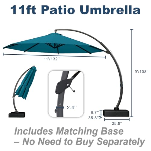 11FT Cantilever Umbrella with Base Large Curvy Outdoor Aluminum Offset Umbrella w/ 360° Rotation, UV Resistant Canopy for Patio, Garden, Backyard, Lake Blue - color: Lake Blue, size: 11FT