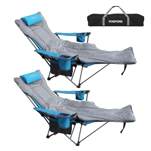 Reclining Camping Chair with Removable Footrest Lounge Chair with Headrest, Cotton Cushion, Portable Adjustable Folding Chairs - color: Blue, size: 2 pack