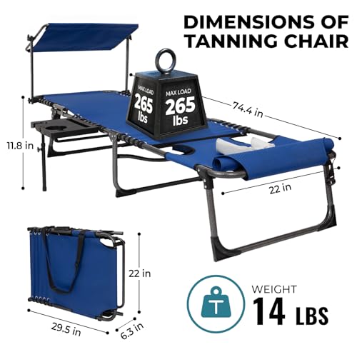 FUNDANGO 4 in 1 Tanning Chair with Face Hole, Beach Lounge Chair w/Canopy Shade & Side Table Chaise Lounge Chairs for Patio, Pool, Lawn, Sunbathing, 5-Position Adjustable Sun Lounger, Blue - color: #Ucp 1 Pack Blue, style: UltimateComfort Pro 5 Position C
