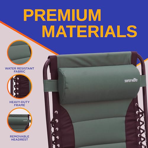 SereneLife Padded Zero Gravity Lounge Chair - Reclining Patio Chairs - Outdoor Lounge Chairs with Detachable Cup Holder Tray - Folding Recliner Chair with Removable Pillows - 1, Green and Black - color: Green