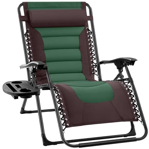 Best Choice Products Oversized Padded Zero Gravity Chair, Folding Outdoor Patio Recliner, XL Anti Gravity Lounger for Backyard w/Headrest, Cup Holder, Side Tray, Polyester Mesh - Espresso/Green - color: Espresso/Green