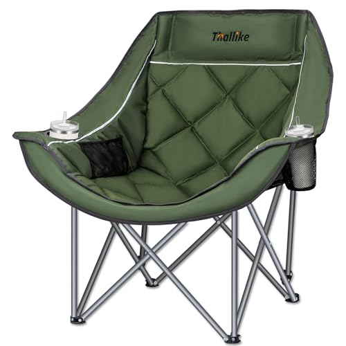 Oversized Camping Chairs for Adults Heavy Duty Folding Padded Portable Camp Chair with Cup Holder Storage Pocket XL Wide Seat for Outdoor Beach Lawn Picnic Fishing Sports Green Supports 400 lbs - color: Army Green