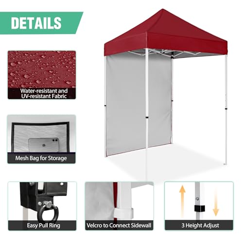 5x5 Pop Up Canopy Tent with One Sidewall, Instant Portable Beach Canopy, Outdoor Tent with Carry Bag for Camping, Sports, Tailgating, Events, Burgundy - color: Burgundy, size: With One Wall
