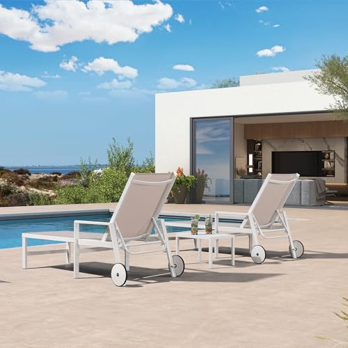 PURPLE LEAF Outdoor Lounge Chairs Set of 2 White Aluminum Chaise Lounge Chaisr Outdoor with Wheels and Armrest for Patio Deck Pool Side Table Include, Linen - color: Linen, style: Straight-leg w/ Armrest