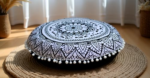 CRAFT KALA 22" Round Mandala Boho Pillow Cover Meditation Room Seating Poufs Cover for Living Room Yoga Room Home Bedroom Balcony Garden Party Decoration Cotton Floor Cushion Cover Black White Flower - color: Black and White Flower, size: 22"