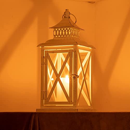 Lantern Decorative Indoor & Outdoor, Large Square Hanging Spring Home Decor, Vintage Metal Decorative Candle Lanterns for Outdoor Patio Wedding Party White with Black Brush - color: White / 14.8'' / 1 Pc