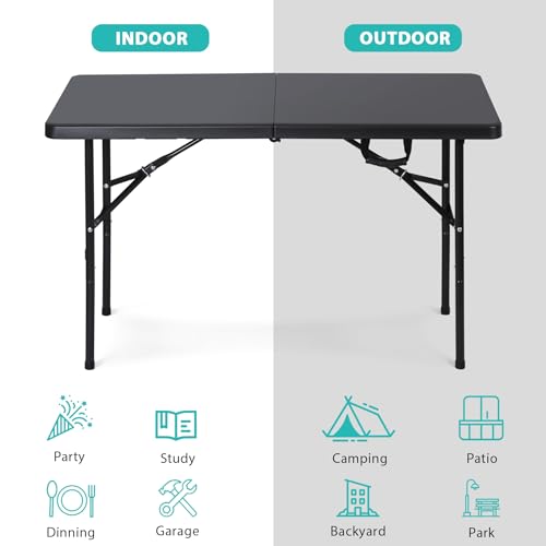 JupiterForce 4ft Folding Table, Indoor Outdoor Portable Plastic Picnic Table, Heavy Duty Rectangular Party Camping Dining Table with Carrying Handle, Black - color: Black, size: 4ft
