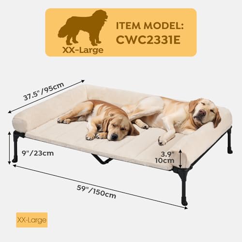 Veehoo Orthopedic Elevated Dog Bed with Fluffy Plush Bolster Cushion, Indoor Raised Dog Beds for Large Dogs, Soft Pet Sofa Cot with Removable Washable Mat, No-Slip Feet, 59 x 37 inches, Cream White - color: Cream White, size: 59.0"L x 37.0"W x 9.0"Th