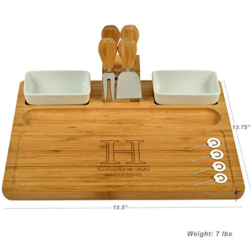 Picnic at Ascot Custom Personalized Engraved Bamboo Cheese/Charcuterie Cutting Board with Ceramic Bowls, Cheese Tools & Cheese Markers-Designed & Quality Checked in USA