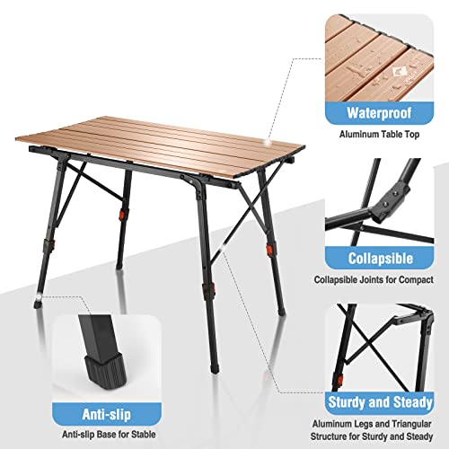 VILLEY Portable Camping Table with Adjustable Legs, Lightweight Aluminum Folding Beach Table with Carrying Bag for Outdoor Cooking, Picnic, Beach, Backyards, BBQ and Party - Gold - color: Gold