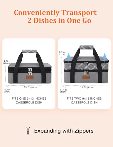 Vuudh Expandable Casserole Carrier Bag, Double Deckered Insulated Food Bag for 2 Dishes, Hot Cold Lasagna Holder Tote for Picnic, Potluck, Travel - color: Expandable-gery