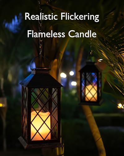 Homemory Solar Lanterns Outdoor Waterproof Hanging with Flickering Flameless Candles, 2 Pack 13'' Garden Outdoor Lantern Decorative for Patio Front Porch Backyard Balcony Cabin Outside(Antique Copper) - style: Copper