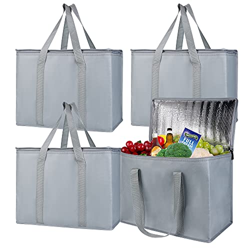 musbus 4 packs insulated trunk organizer car cooler bag XL-Large Insulated Grocery shopping bags, Reusable grey zipped zipper,Collapsible,tote,cooler,groceries,Recycled Material Warm Foldable - color: Grey, size: X-Large（16W x 12.5H x 9D）